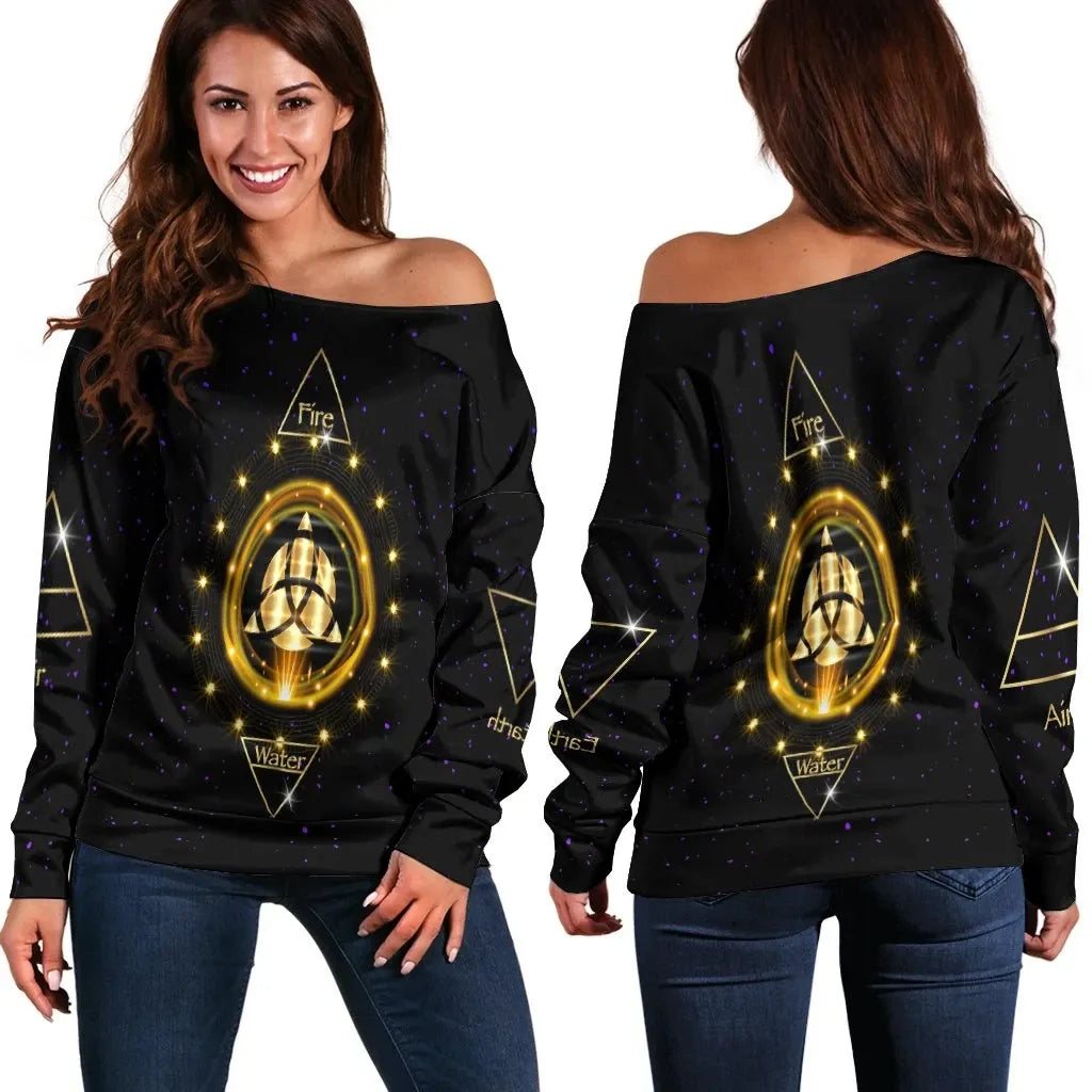Celtic Women's Off Shoulder Sweat Celtic Wiccan Fire Earth Water Air