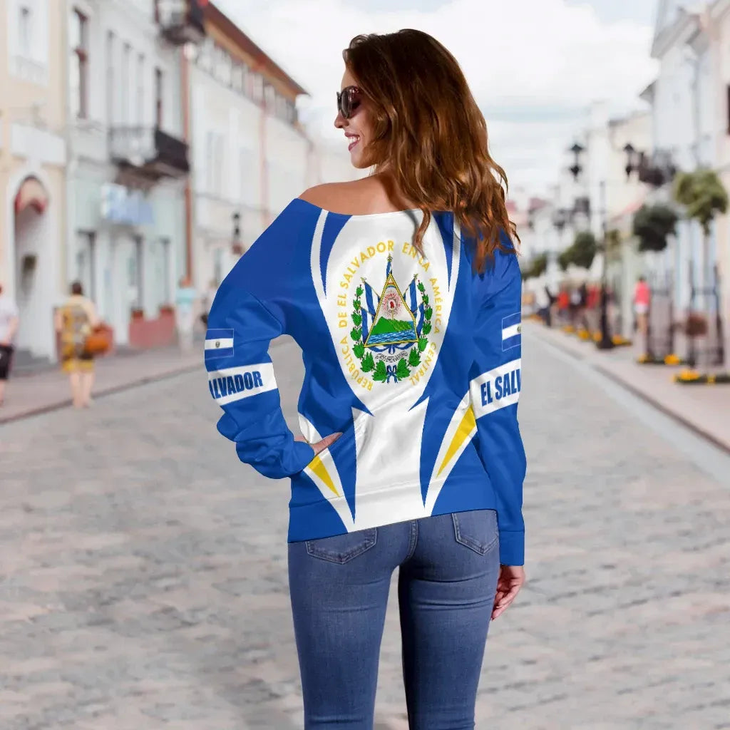 El Salvador Off Shoulder Sweater Action Flag