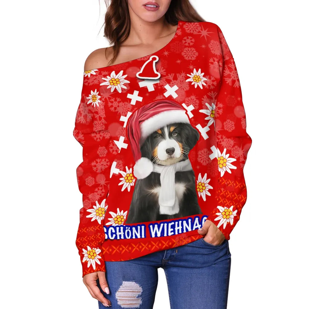 Christmas Edelweiss Switzerland Off Shoulder Sweater Bernese Mountain Dog