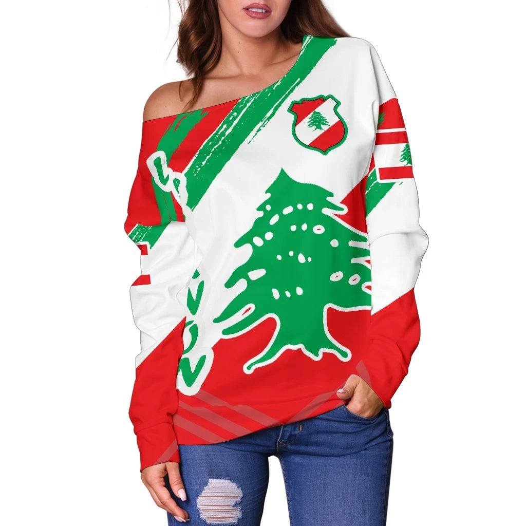 Lebanon Personalised Women's Off Shoulder Sweater Lebanon Flag Polygon Style 24