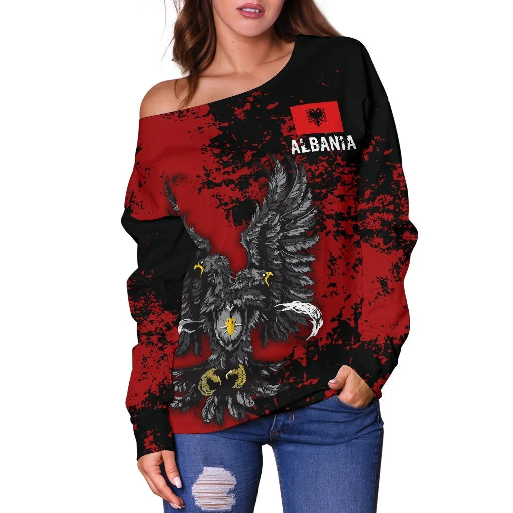 Albania Eagle Grunge Women's Off Shoulder Sweater