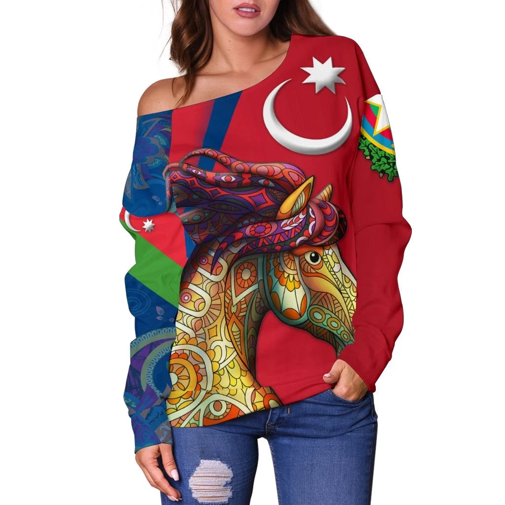 Azerbaijan Pride and Heritage Women's Off Shoulder Sweater Happy Independence Day