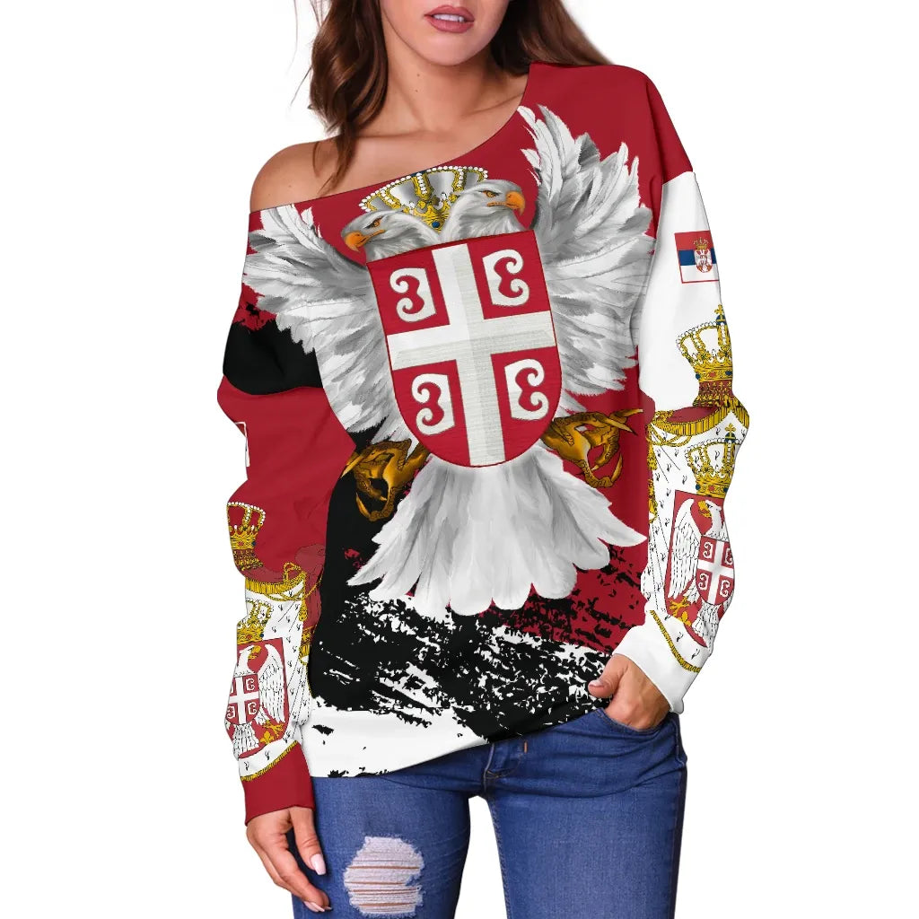 Serbia Off Shoulder Sweater Serbian White Eagle