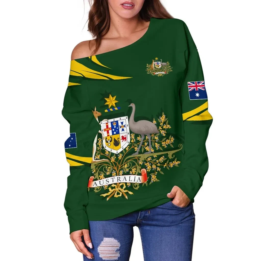 Australia Women's Off Shoulder Sweater Australia Coat Of Arms Green