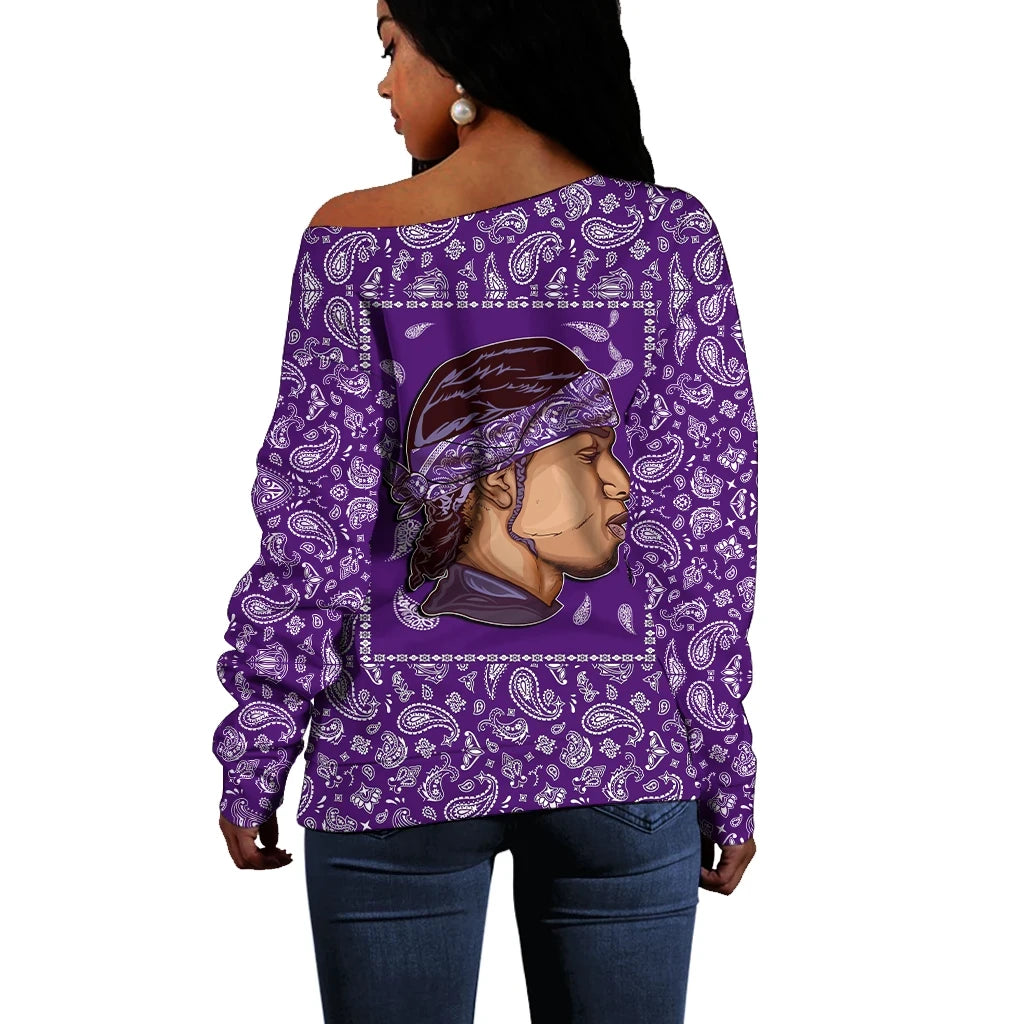 Grape Street Crips Gang Sign Off Shoulder Sweater Purple Bandana