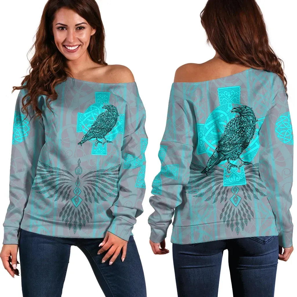 Women's Off Shoulder Sweater Odin's Celtic Raven Scandinavian Tattoo Style Cyan