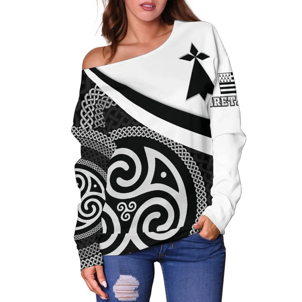 Celtic Women's Off Shoulder Sweater Brittany Flag With Celtic Patterns