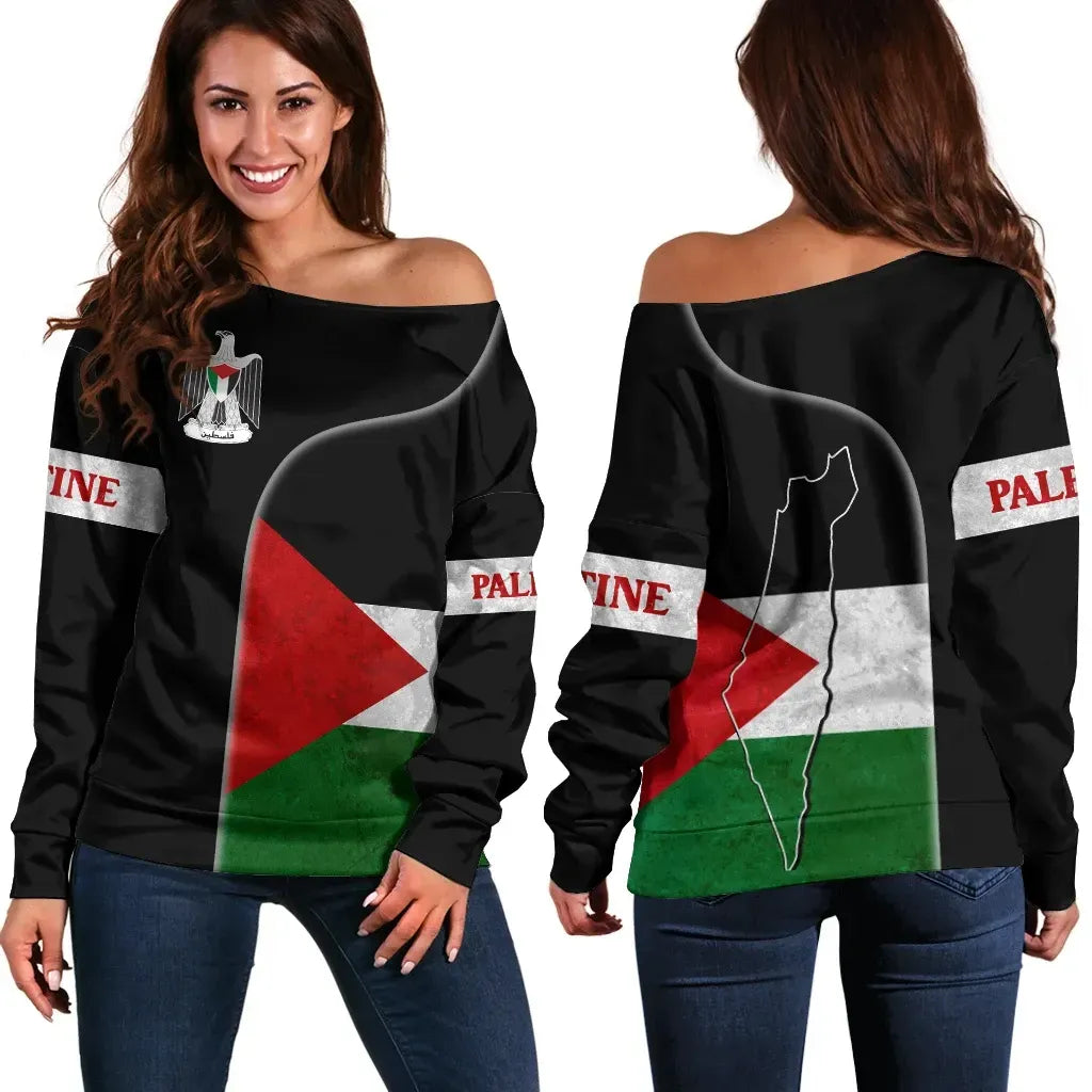 Palestine Flag Off Shoulder Sweater Coat Of Arms