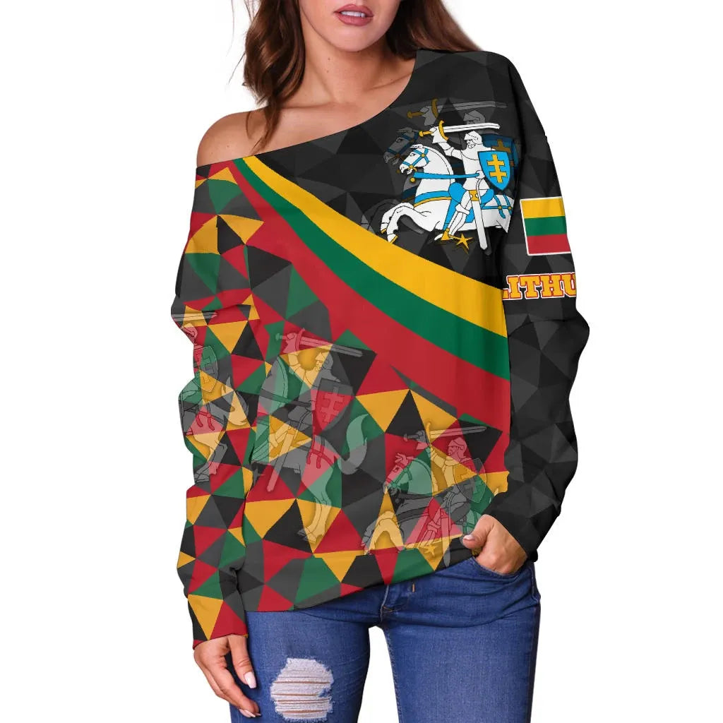 Lithuania Women's Off Shoulder Sweater Lithuania Coat Of Arms with Flag Color