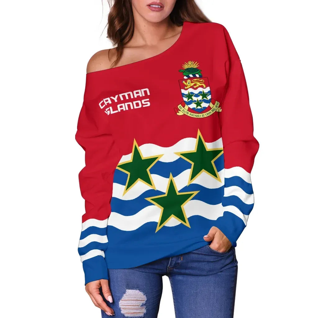 Cayman Islands Women Off Shoulder Sweater Coat of Arms