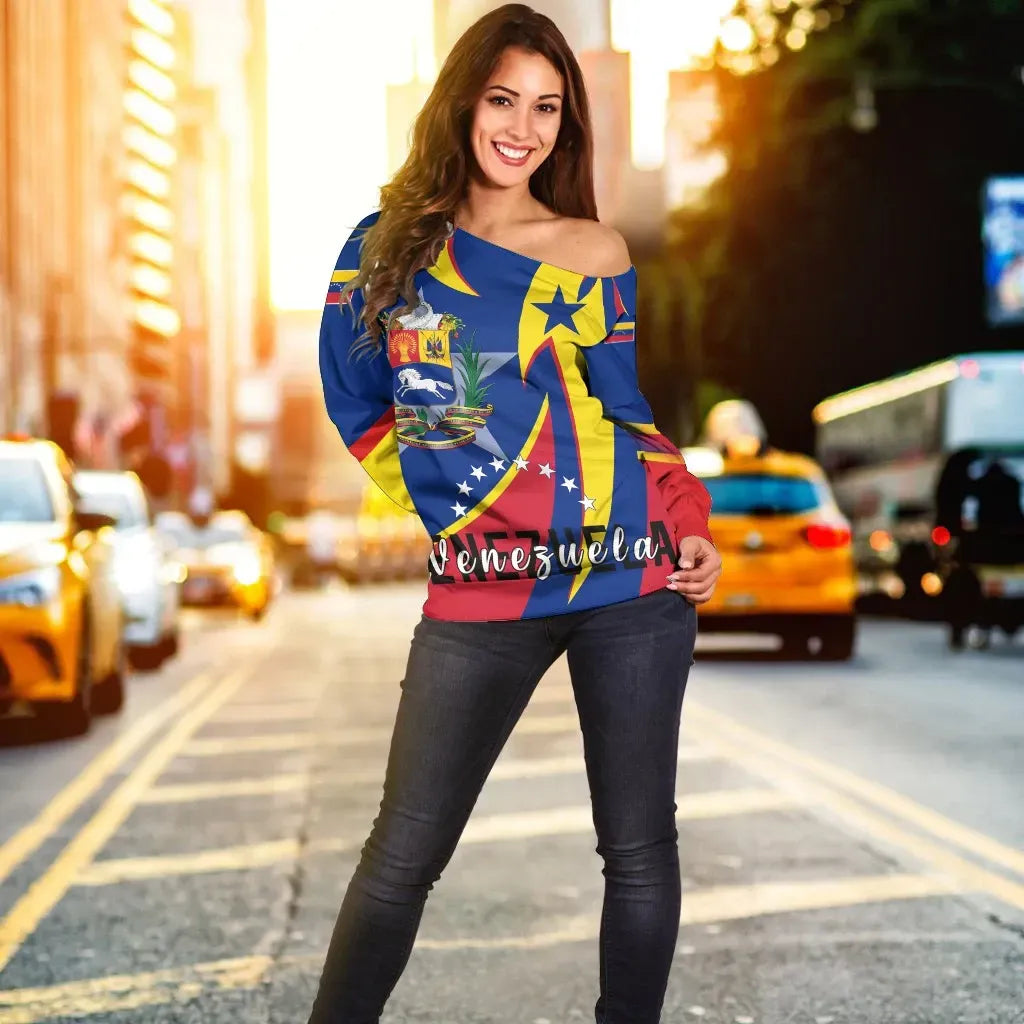 Women's Off Shoulder Sweater Venezuela Special Edition Flag Coat of Arms