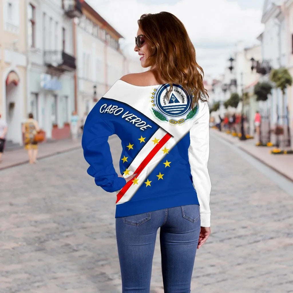 Cabo Verde Off Shoulder Sweater Cabo Verde Flag And Coat Of Arms