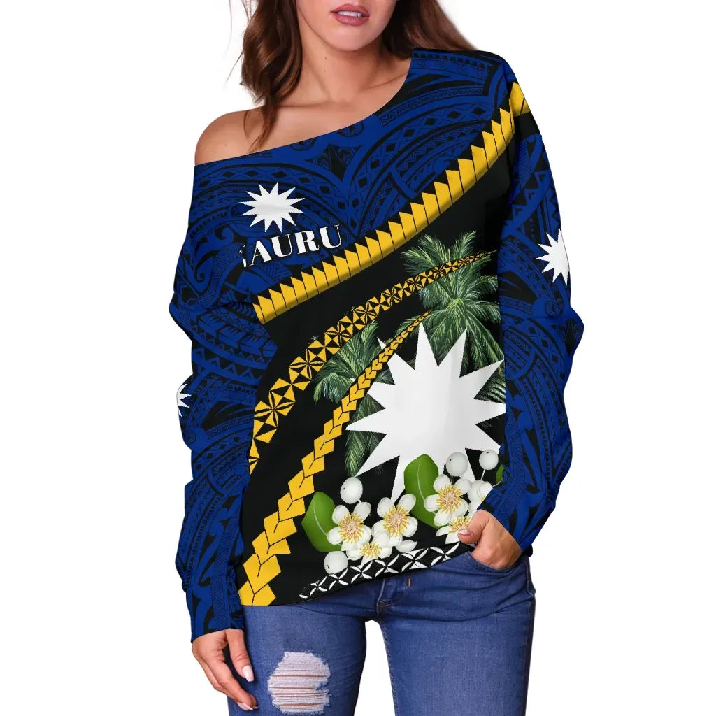 Nauru Calophyllum Inophyllum Blossom Women Off Shoulder Sweater Road to Hometown