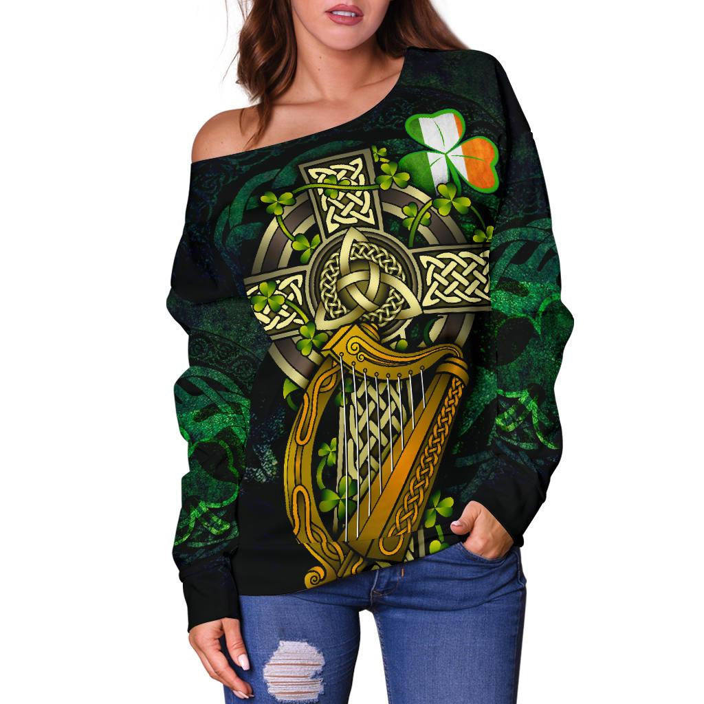 Ireland Celtic Women's Off Shoulder Sweater Ireland Coat Of Arms with Celtic Cross