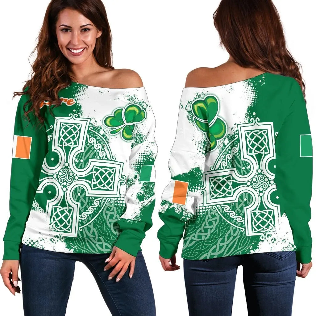 Ireland Celtic Off Shoulder Sweater Irish Celtic Cross