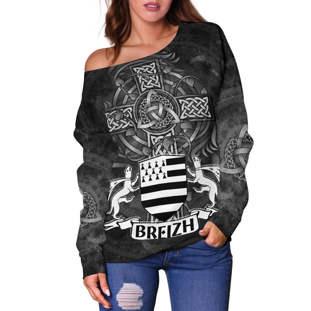 Celtic Women's Off Shoulder Sweater Brittany Flag With Celtic Cross