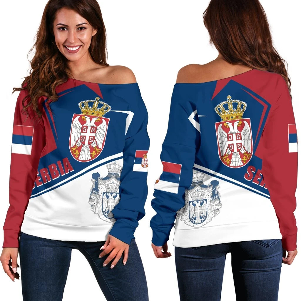 Serbia Women's Off Shoulder Sweater Coat Of Arms Flag Style