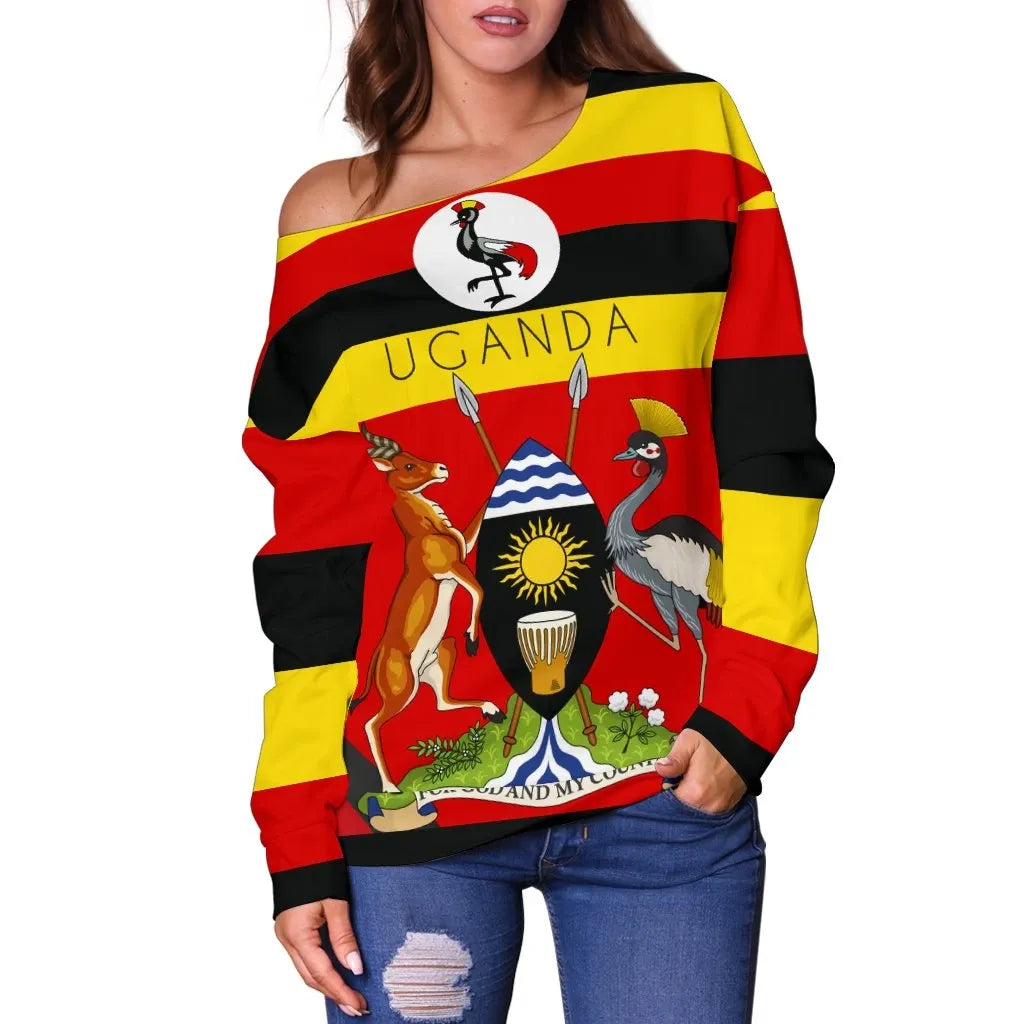 Uganda Pride Women's Off Shoulder Sweater Uganda Flag with Grey Crowned Crane