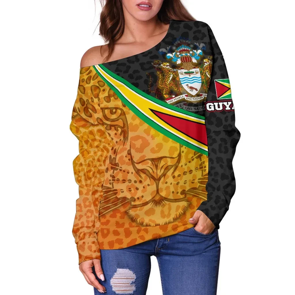 Guyana Women's Off Shoulder Sweater Guyana Coat Of Arms and Jaguar Patterns