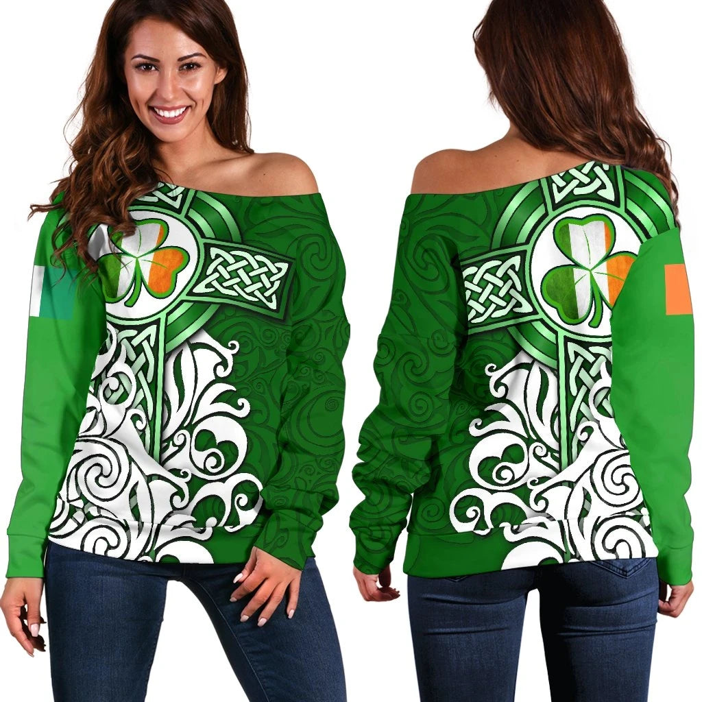 Ireland Celtic Women's Off Shoulder Sweater Irish Shamrock Flag With Celtic Cross