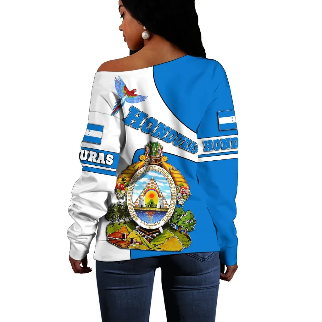 Honduras Off Shoulder Sweater Flag and Coat of Arms