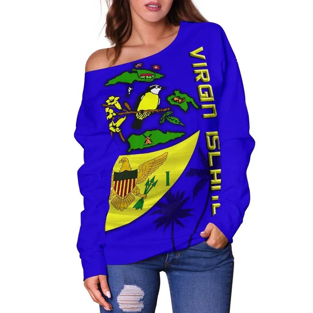 US Virgin Islands Off Shoulder Sweater Tank Flag Over Ocean