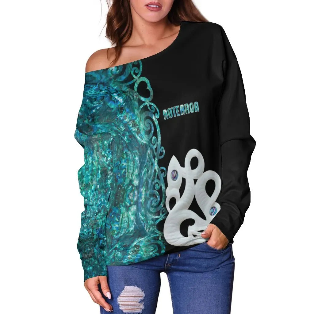 Custom Personalised Aotearoa Maori Manaia Women's Off Shoulder Sweater Half Papua Shell Style No.1