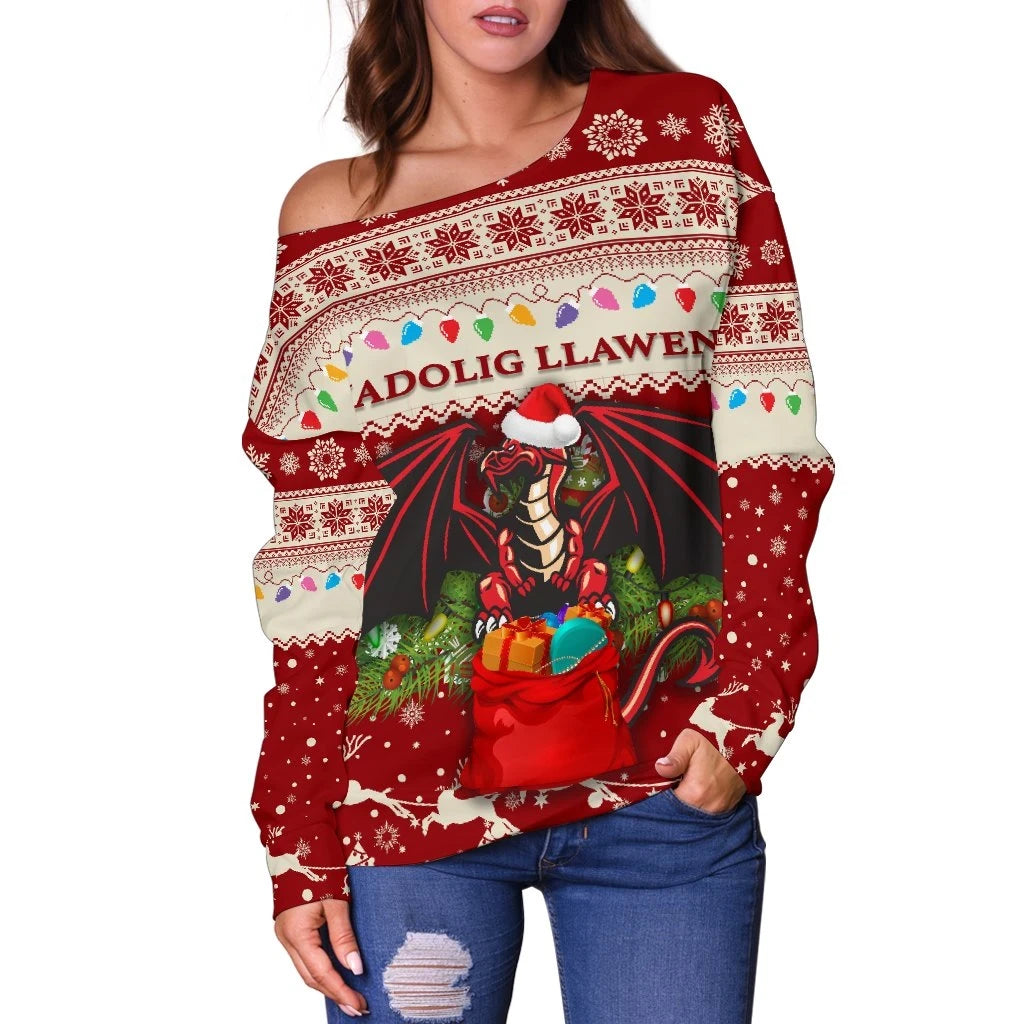 Cymru Christmas Women Off Shoulder Sweater Warm Vibes Red