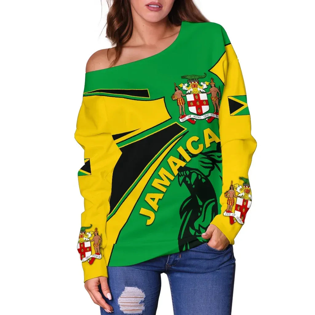 Jamaica Off Shoulder Sweaters Jamaica Round Coat Of Arms Lion Women