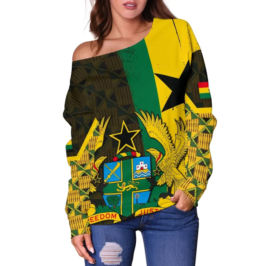 Ghana Coat Of Arm Kente Women's Off Shoulder Sweater