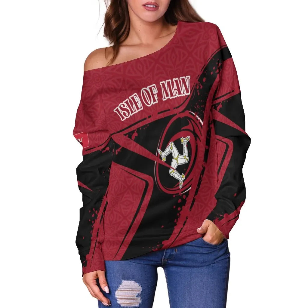 Custom Text Isle Of Man Rugby Personalised Women's Off Shoulder Sweater Isle Of Man Rugby