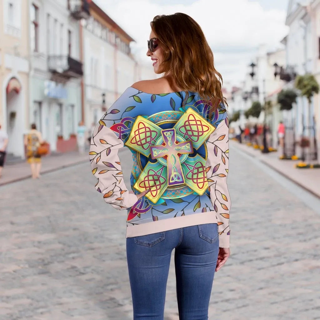 Celtic Women's Off Shoulder Sweater Celtic Cross Spring