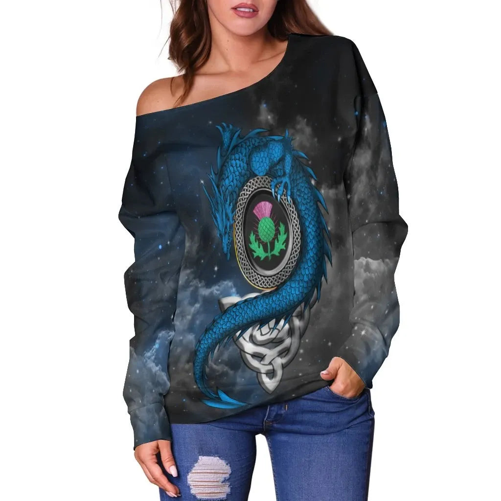 Scotland Celtic Women's Off Shoulder Sweater Dragon & Thistle With Celtic