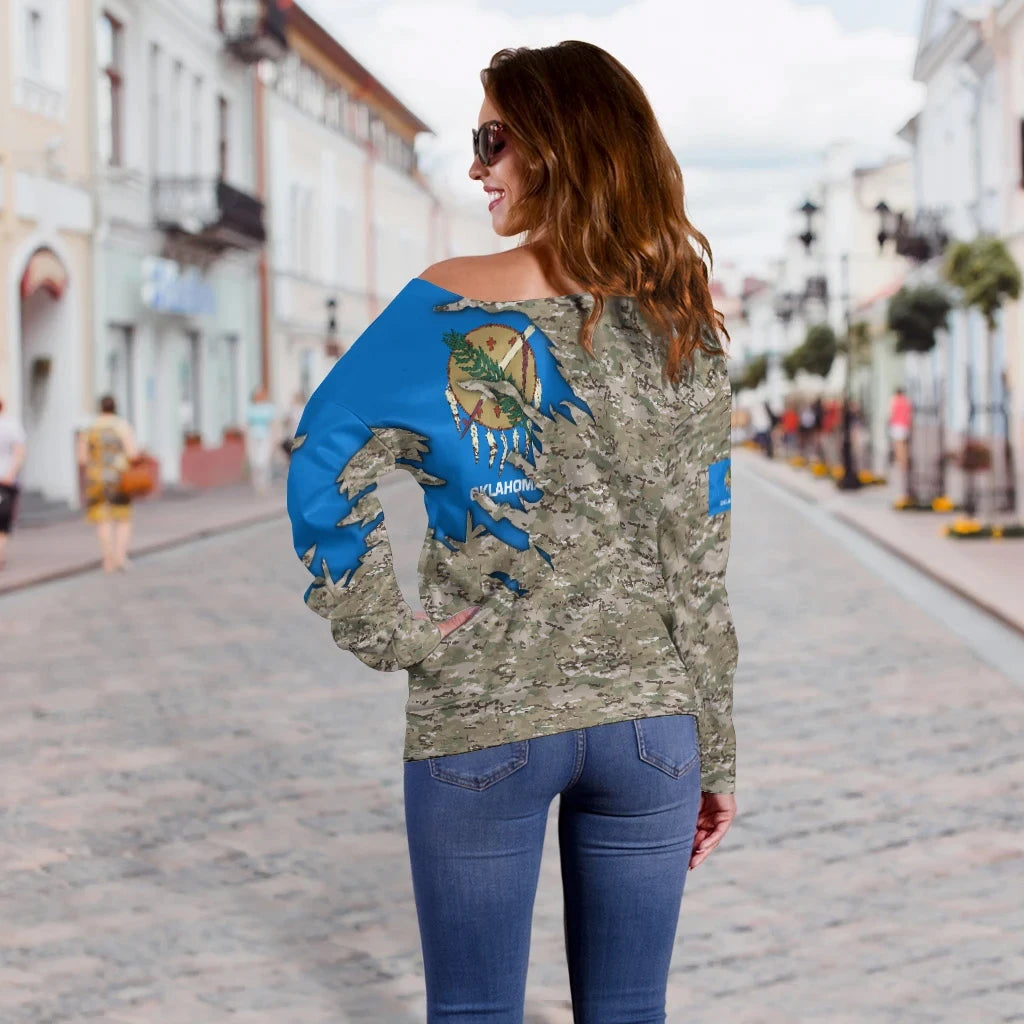 US Off Shoulder Sweater Flag Oklahoma Camo