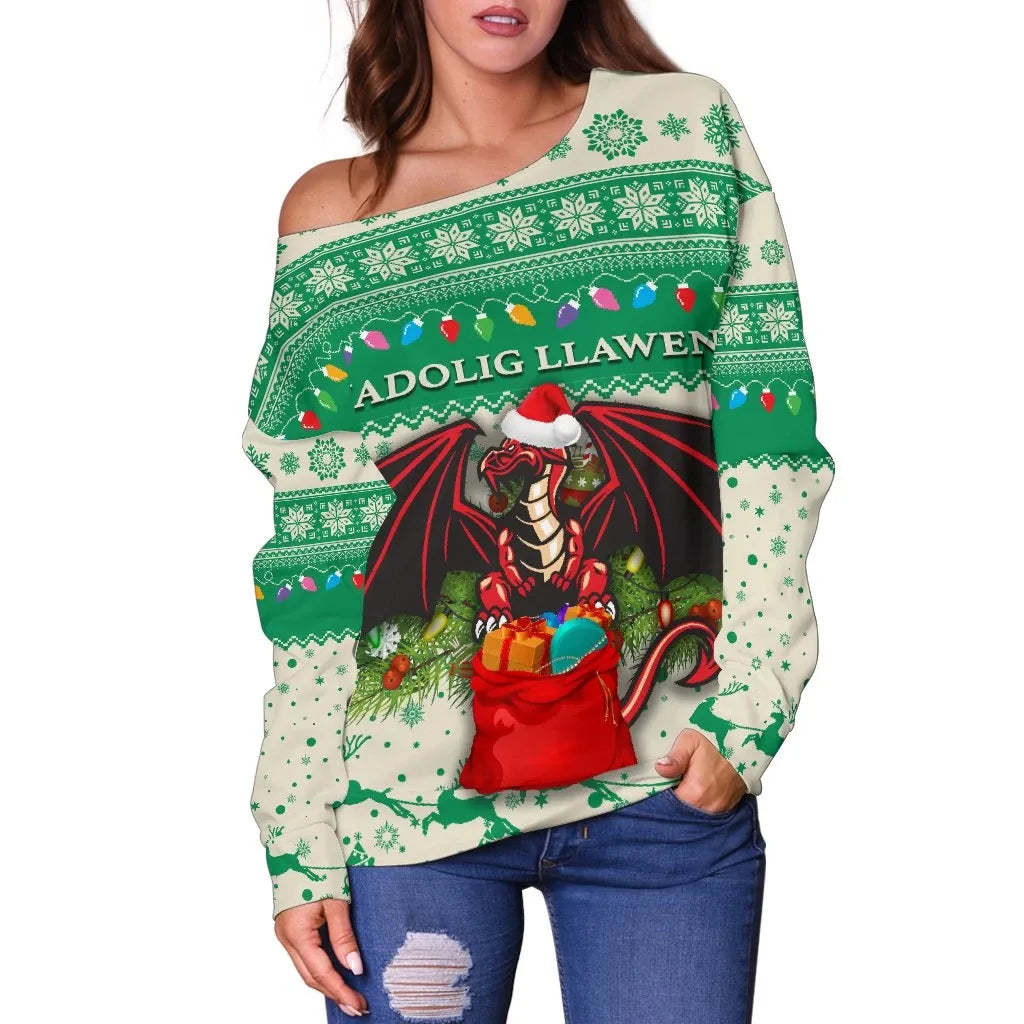 Cymru Christmas Women Off Shoulder Sweater Warm Vibes Beige Green