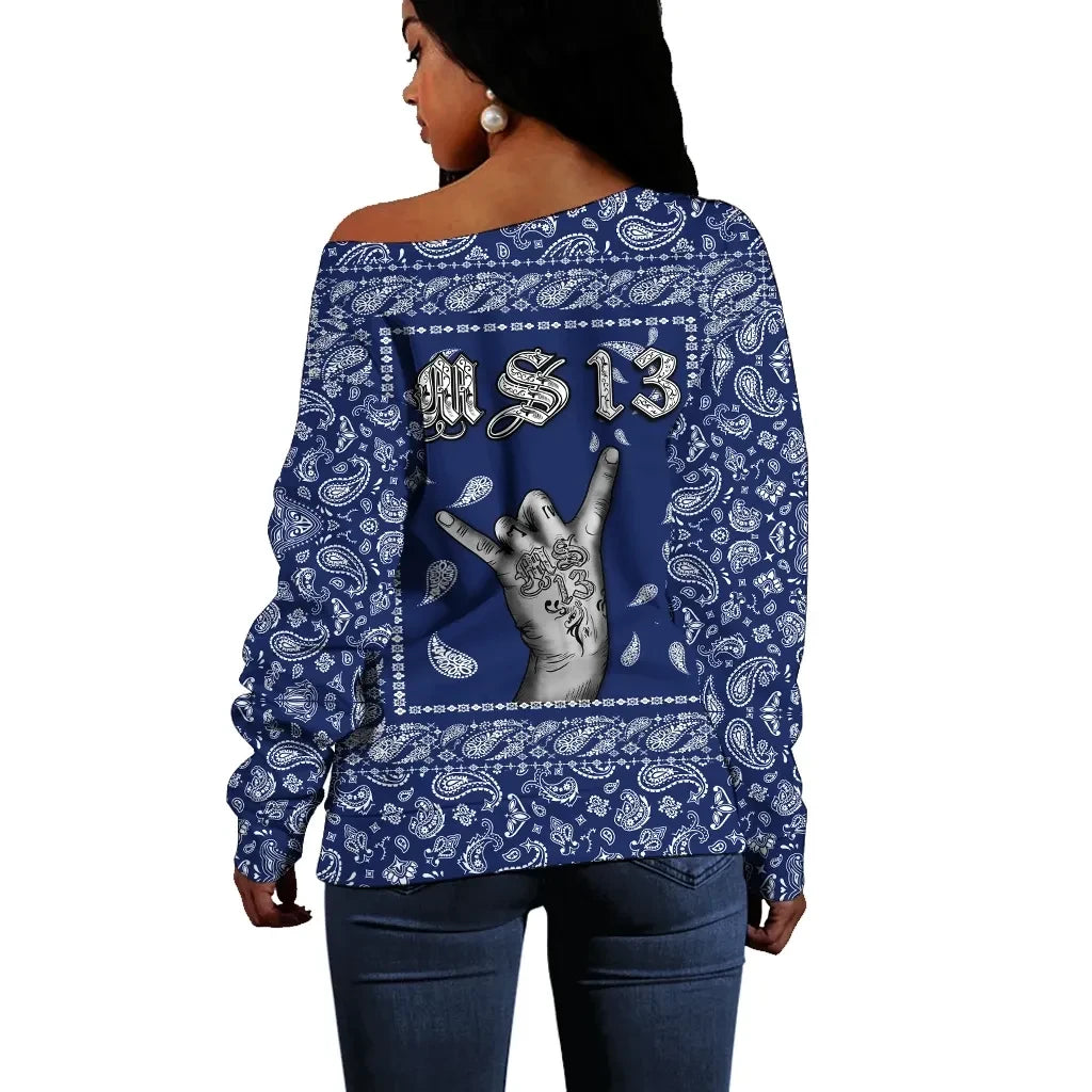 MS,13 Off Shoulder Sweater Blue Bandana