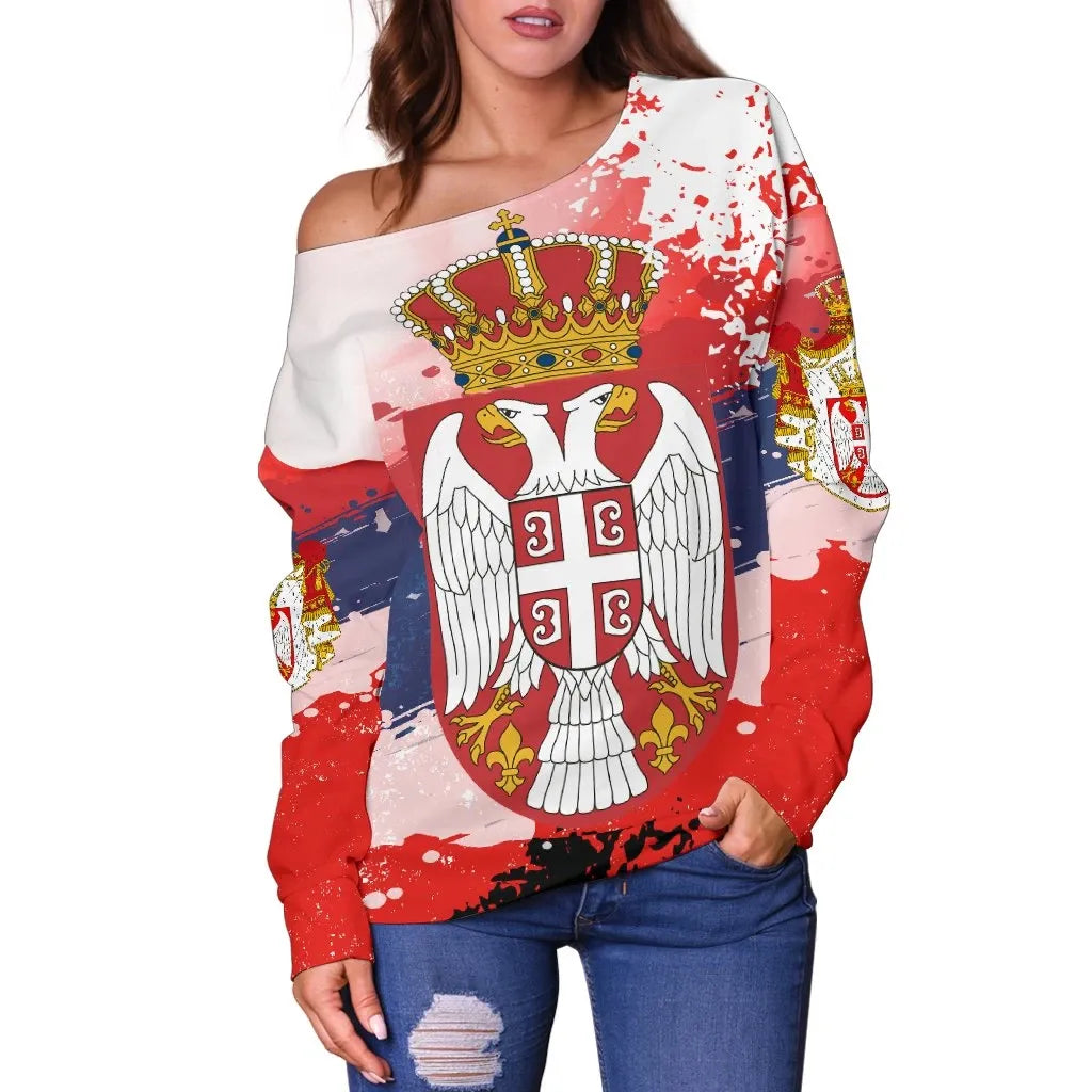 Serbia Women's Off Shoulder Sweater Serbia National Flag and Emblem