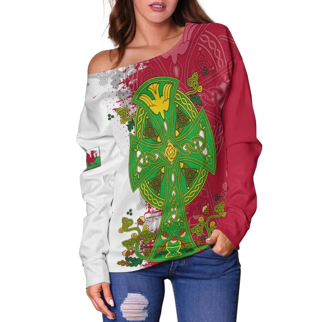 Wales Celtic Women's Off Shoulder Sweater 
Wales Celtic Cross