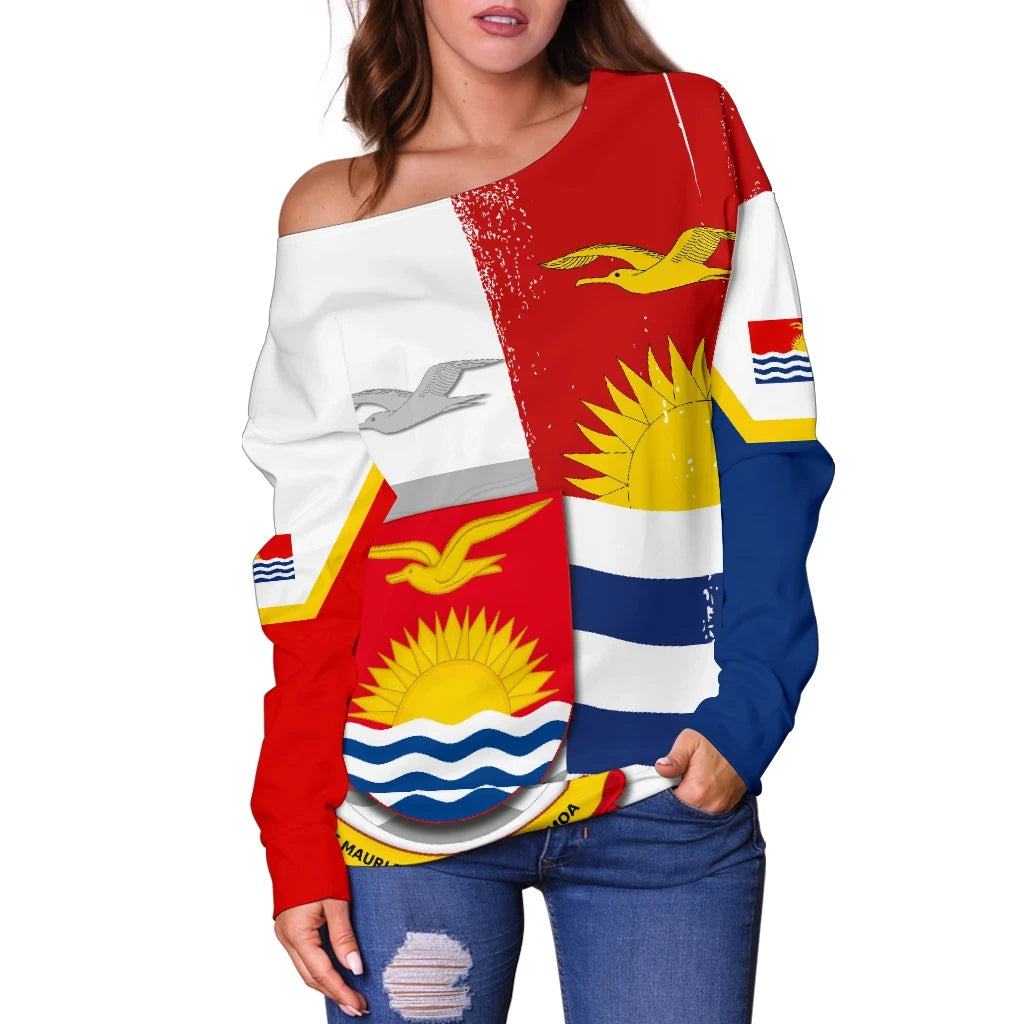 Kiribati Flag Coat Of Arm Women's Off Shoulder Sweater