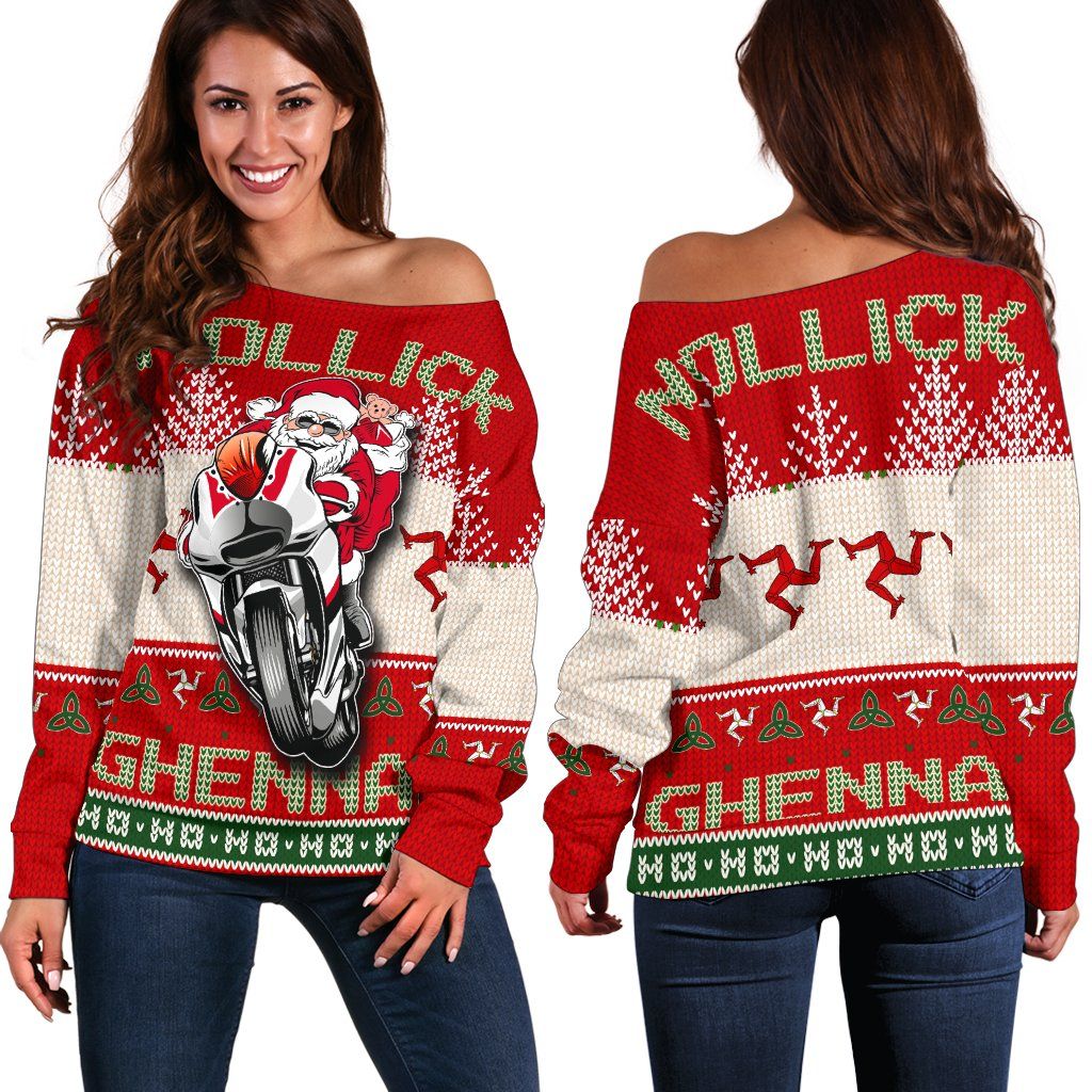 Isle of Man Celtic Christmas Women's Off Shoulder Sweater Manx Santa Ugly Christmas Style