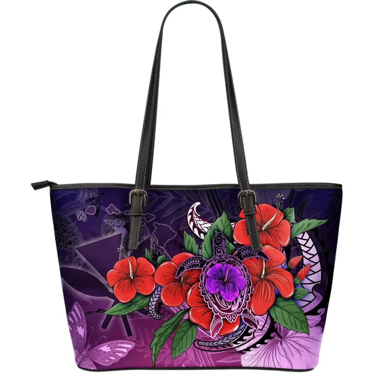 Polynesian Hawaii Leather Tote Bag Purple Hibiscus Turtle Flowing