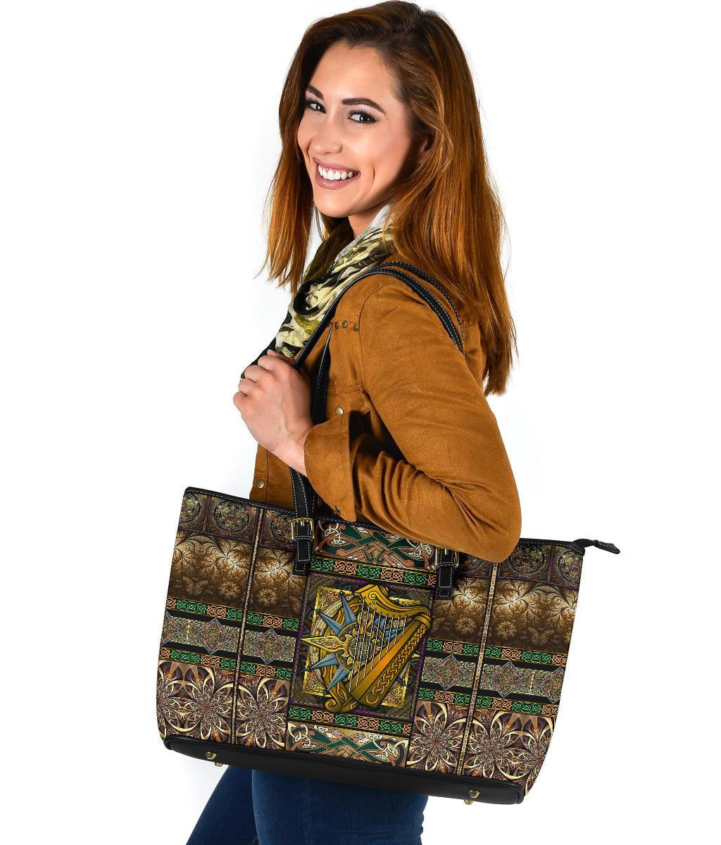 Ireland Celtic Leather Tote Bag Ireland Coat Of Arms With Celtic Compass