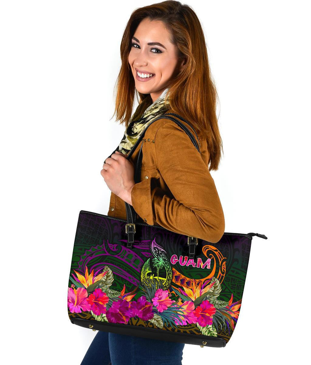 Guam Polynesian Leather Tote Bag Summer Hibiscus