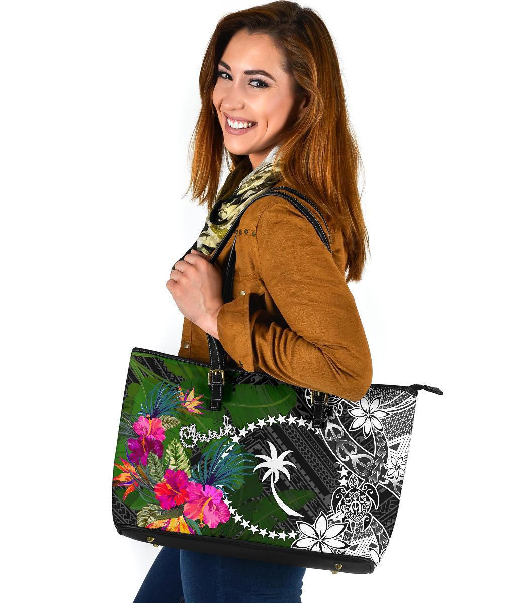 Chuuk Leather Tote Bag Turtle Plumeria Banana Leaf