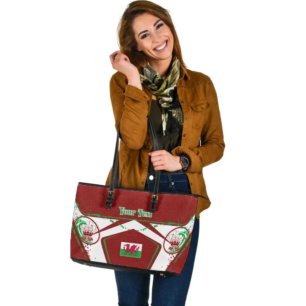 Custom Text Wales Rugby Personalised Leather Tote Bag Welsh Rugby