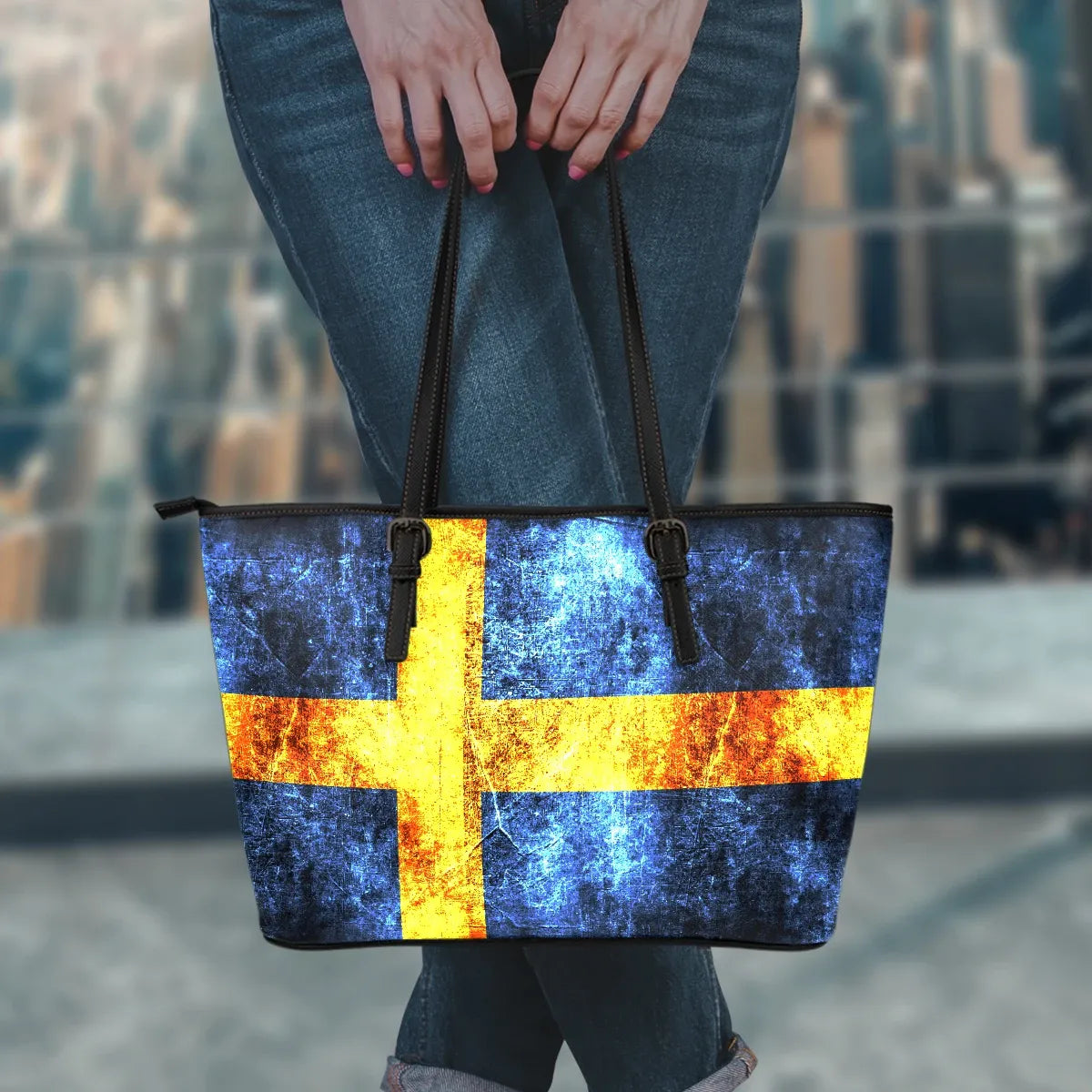 Sweden Grunge Flag Leather Tote Bag