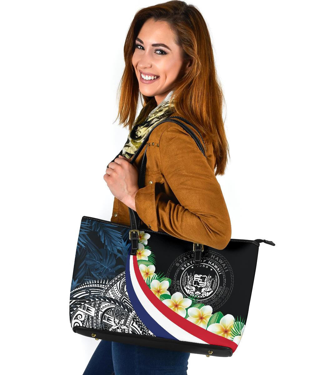 Polynesian Hawaii Leather Tote Bag Hawaii Seal With Plumeria Style