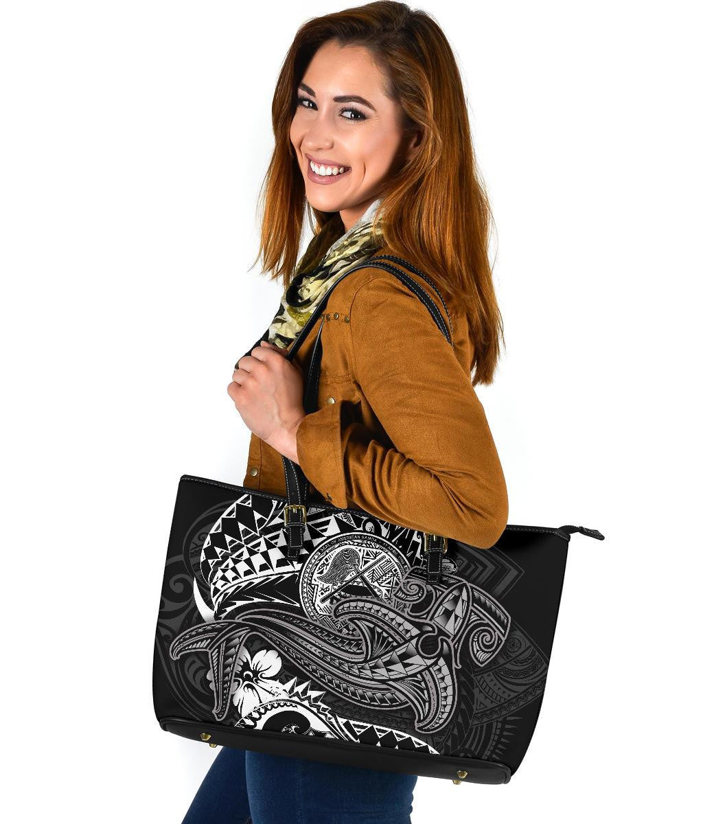 American Samoa Leather Tote Bag White Shark Polynesian Tattoo