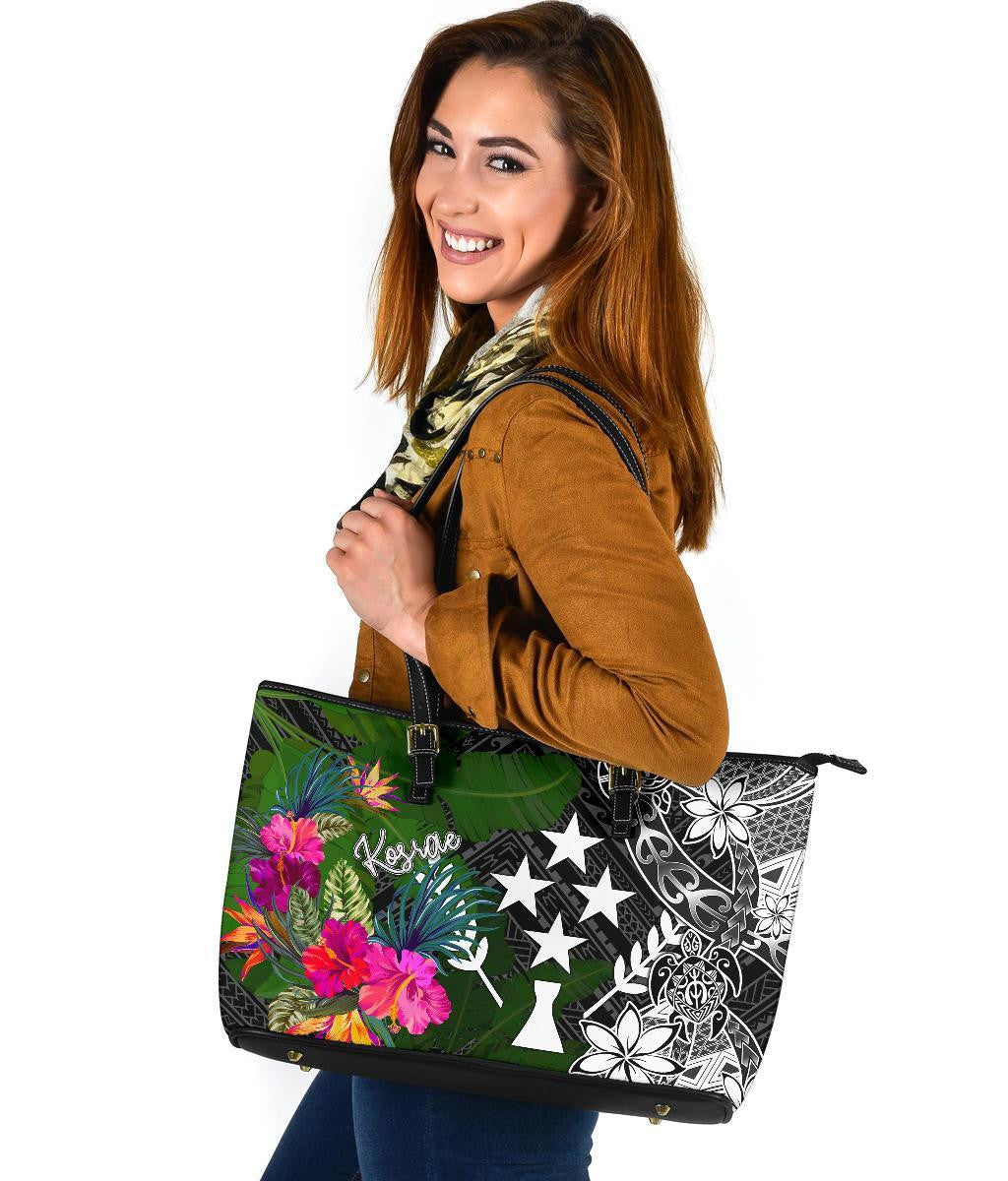 Kosrae Leather Tote Bag Turtle Plumeria Banana Leaf