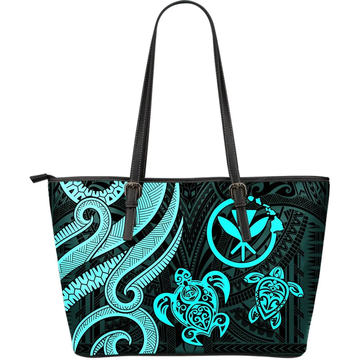 Polynesian Hawaii Kanaka Maoli Leather Tote Bag Blue Tentacle Turtle